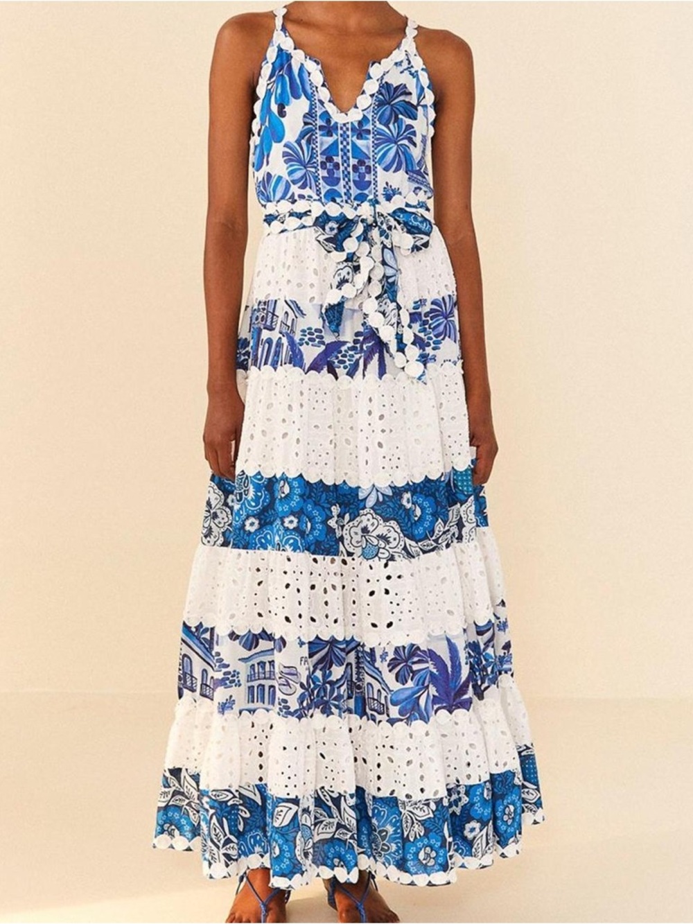 FARM Rio Blue & White Floral Eyelet Tiered Maxi Dress